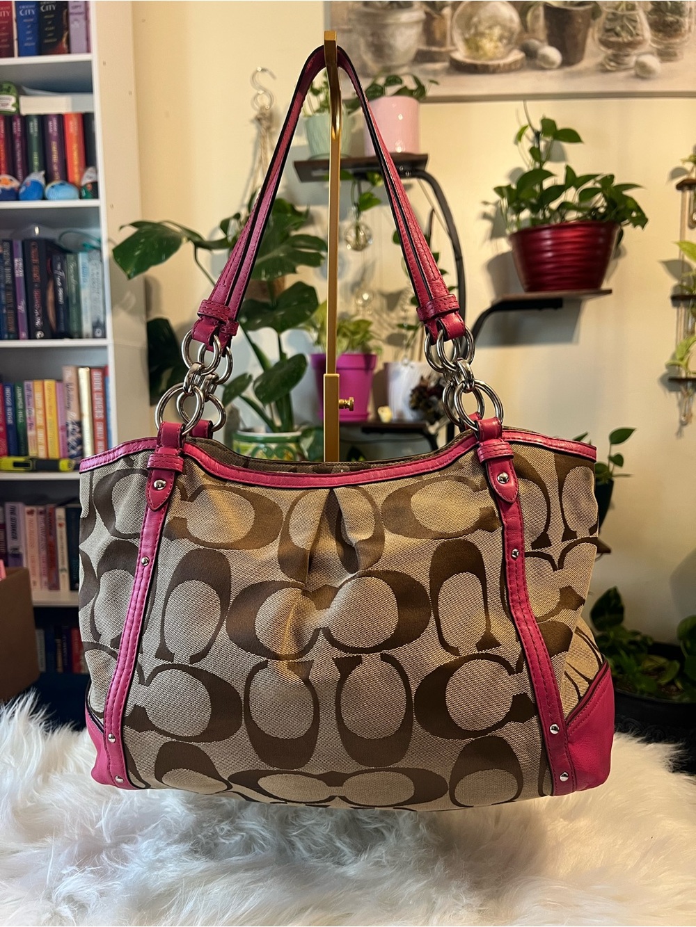 Coach Brown Signature Canvas Tote with Pink Leather Trim